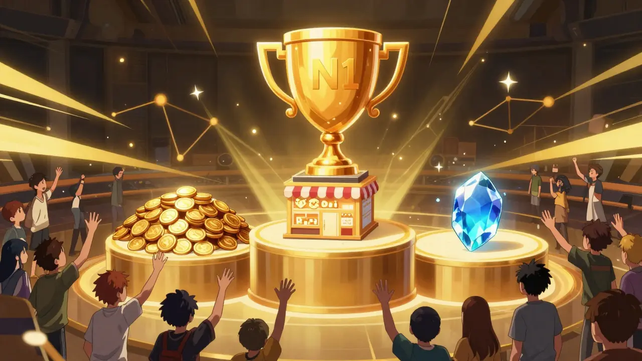Premios y trofeos digitales flotantes en estilo anime cel-shaded