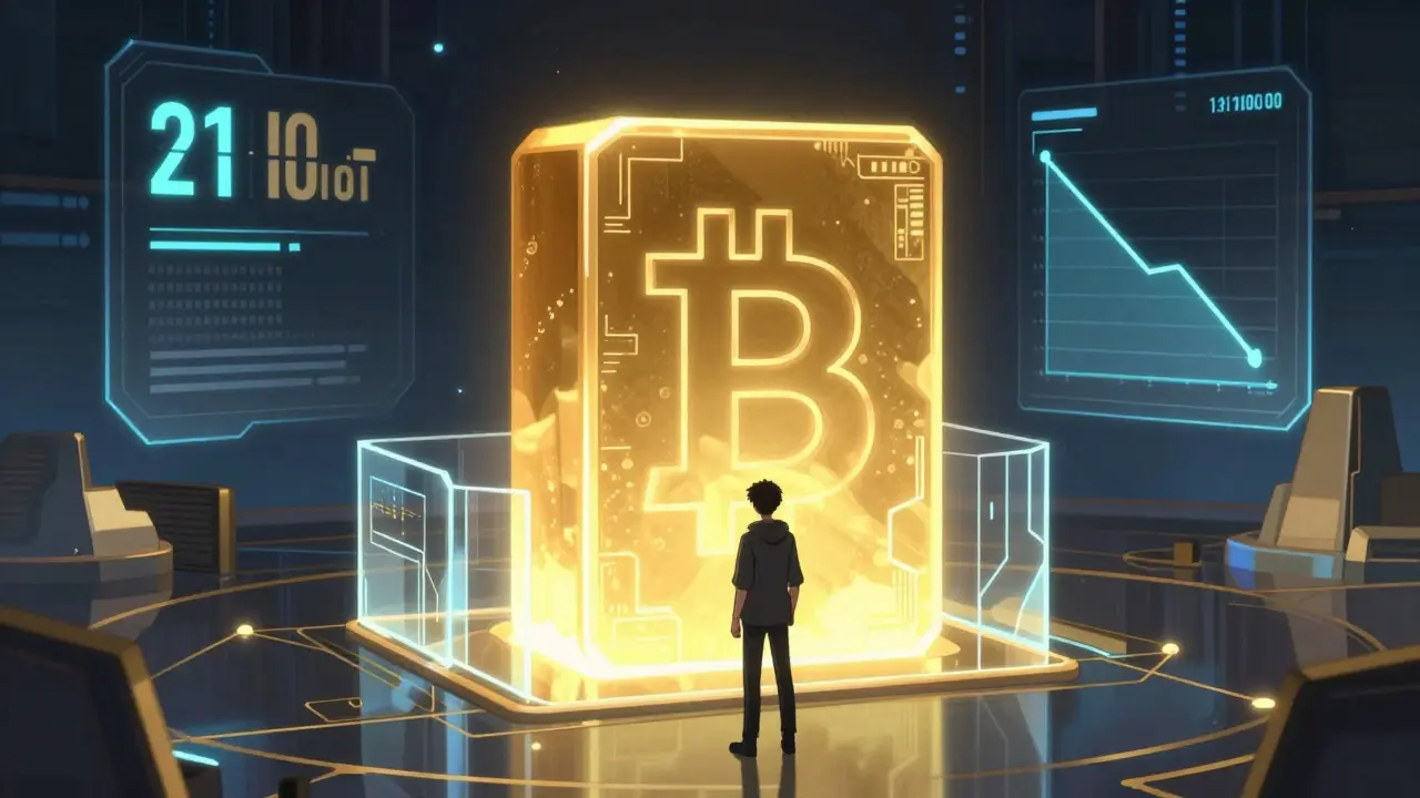 Sci-fi anime scene showing a stable Bitcoin block protected by digital barriers