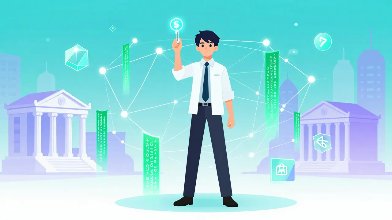 Usuario interactuando con una red blockchain segura y descentralizada