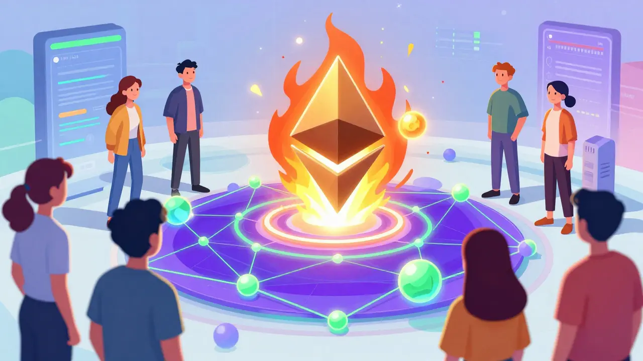 Vibrant anime illustration of Ethereum network burning fees in a glowing web