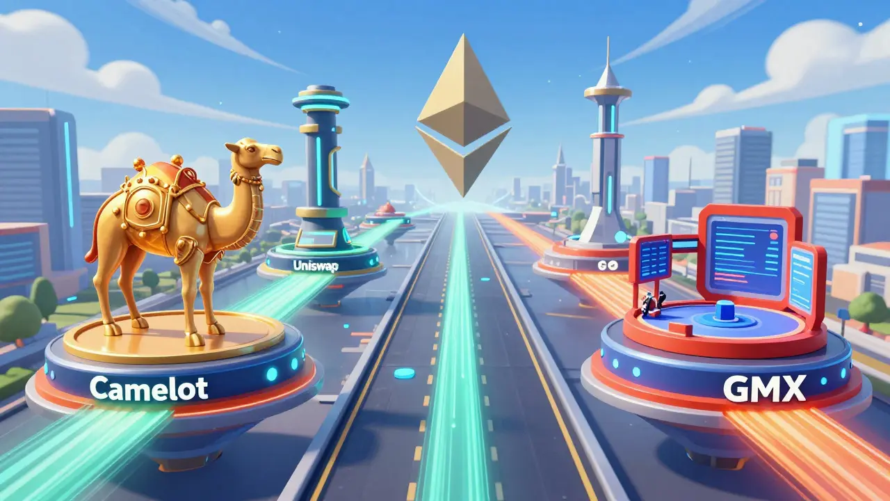 Vista anime de las plataformas DEX Camelot, Uniswap y GMX en Arbitrum