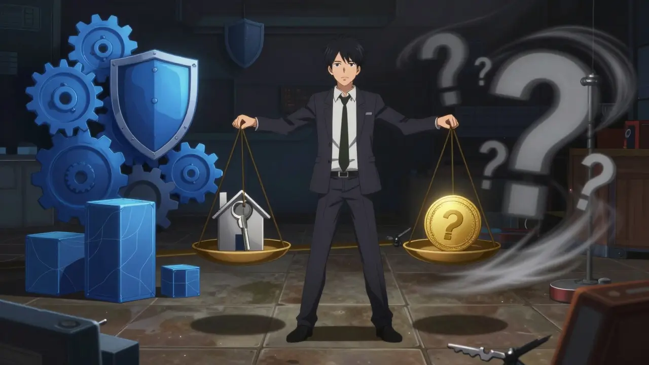 Anime mostrando el equilibrio entre seguridad blockchain y riesgos del mercado inmobiliario