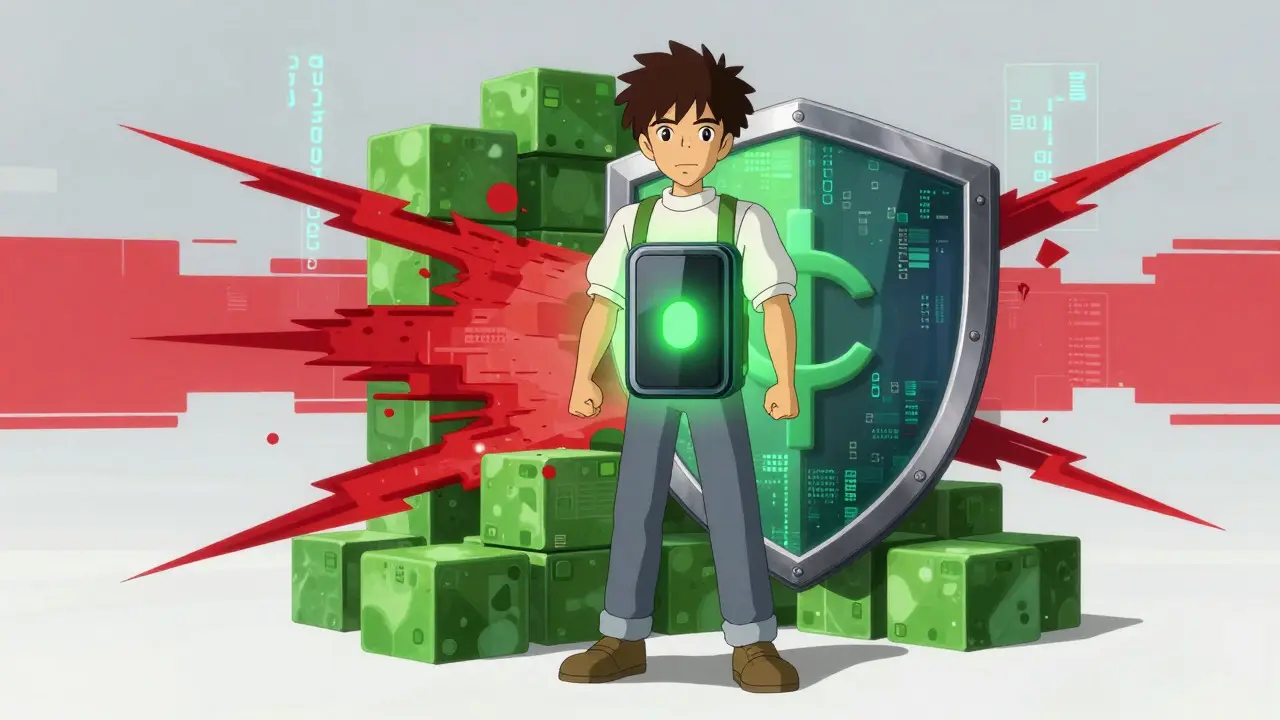Anime: personaje protegiendo billetera fría contra estafa cripto