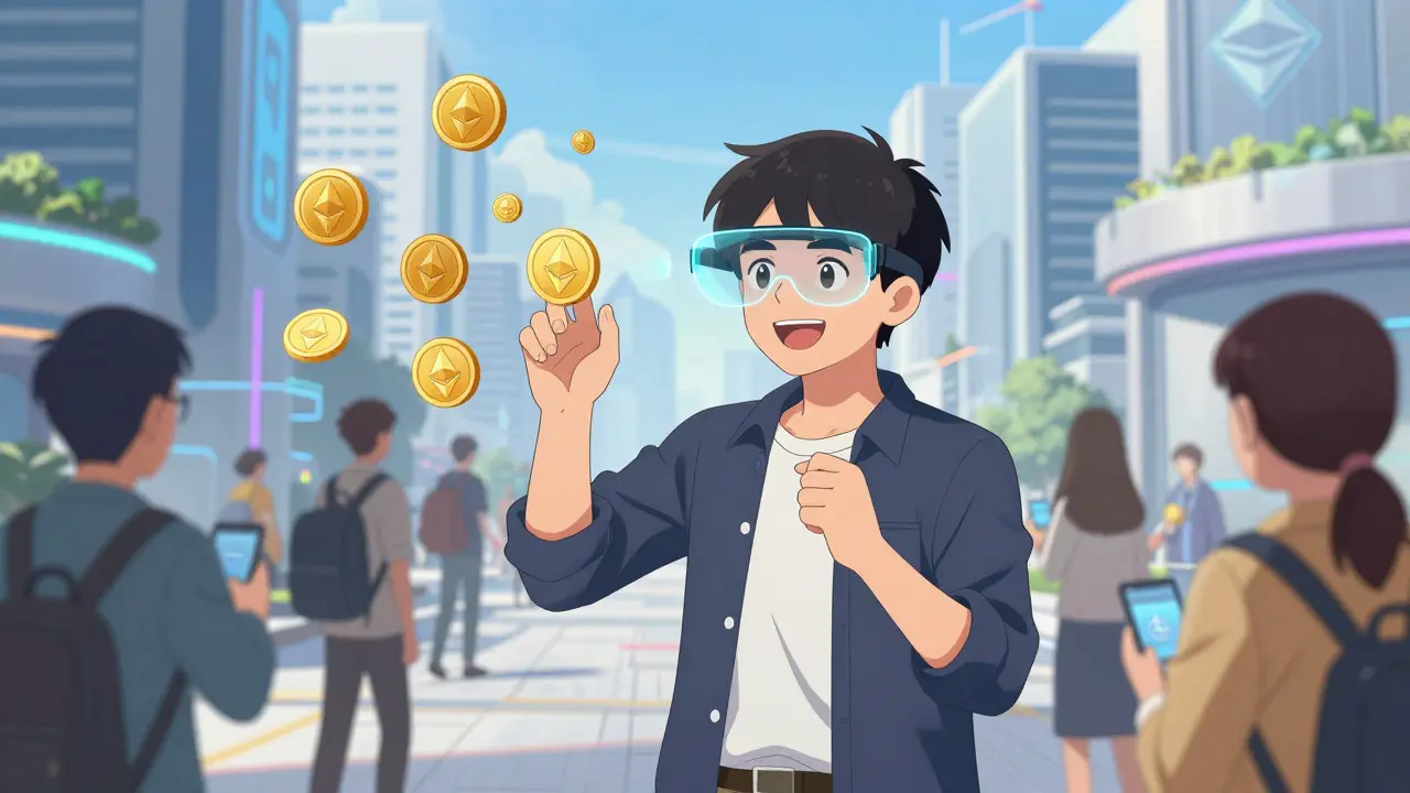 Ciudad cyberpunk estilo anime donde usuarios realizan transacciones cripto instantáneas y sin fricción en la vida diaria.