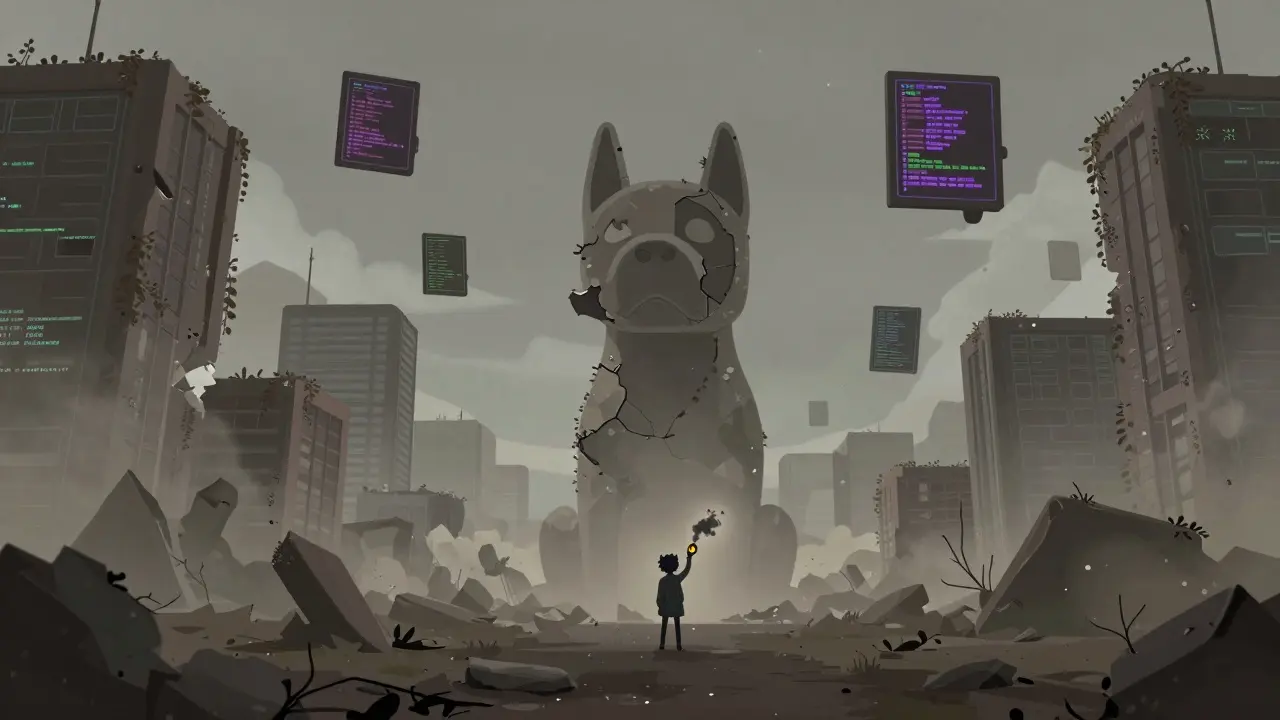Ciudad digital abandonada y en ruinas simbolizando el proyecto muerto CoPuppy