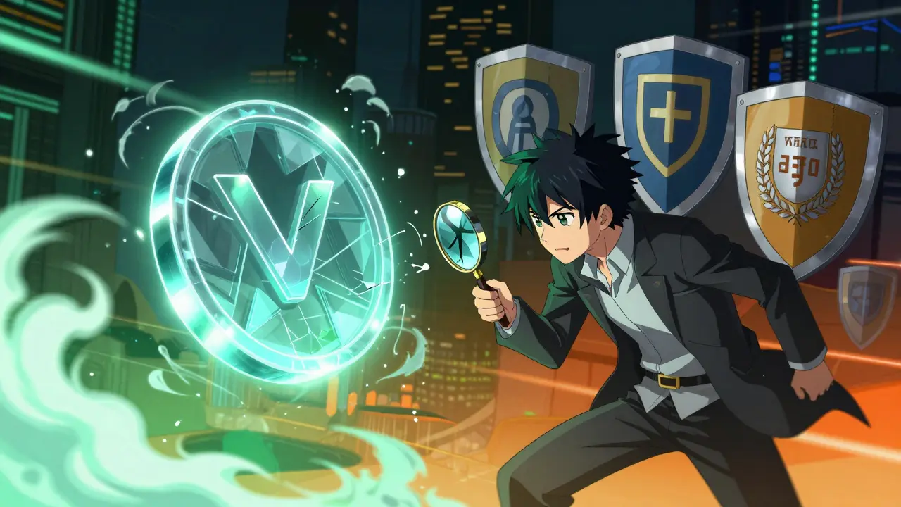 Detective anime analizando un token cripto falso lleno de humo y engaños