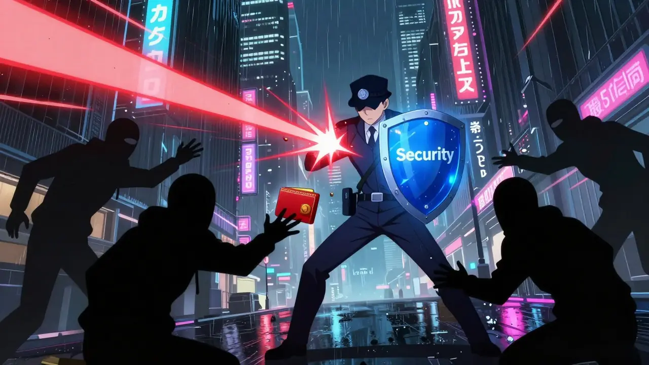 Detective anime bloqueando ataques de estafadores en ciudad cyberpunk