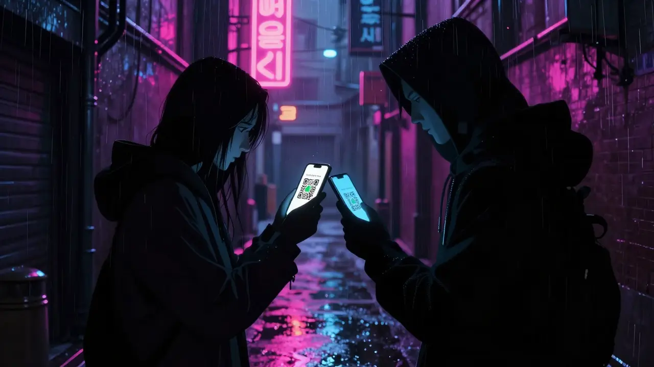 Dos figuras intercambiando códigos QR en calle neón bajo la lluvia