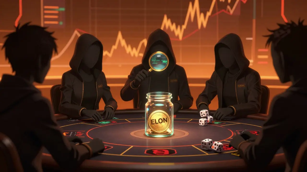 Escena anime de riesgo financiero con ficha ELON en mesa de juego