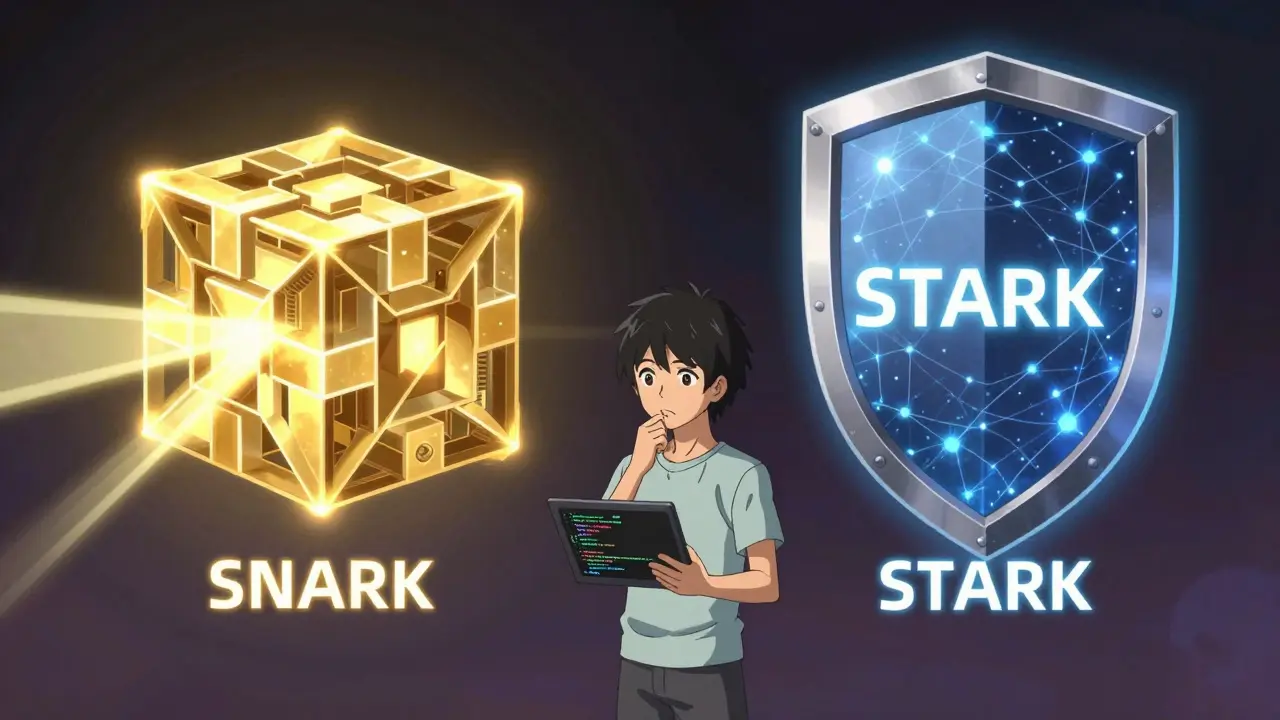 Escena anime que compara estructuras mágicas de pruebas criptográficas SNARK y STARK frente a un desarrollador pensativo.