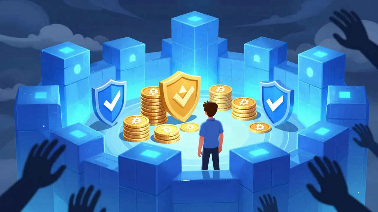 Fortaleza segura de blockchain protegiendo criptomonedas de estafas externas