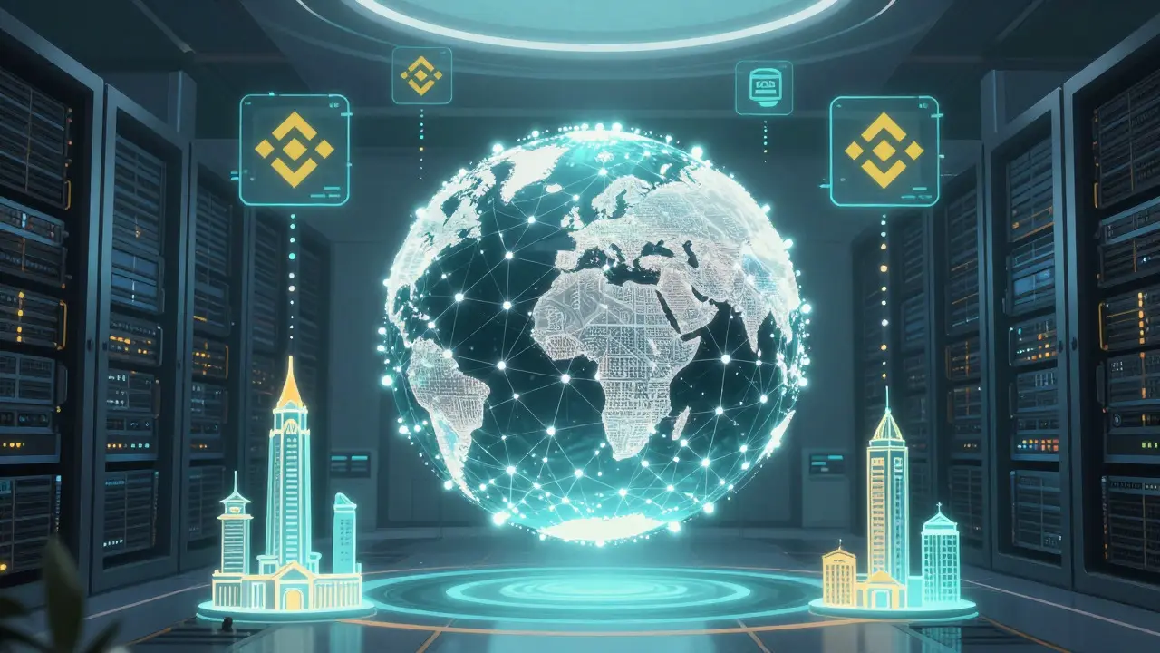 Globo digital conectado mostrando el intercambio automático de información fiscal CARF en estilo anime