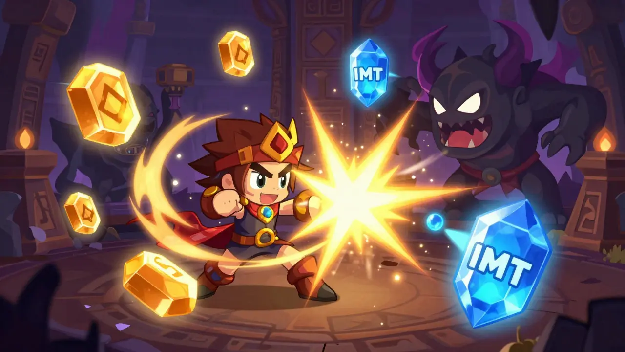 Héroe de juego Idle Mystic luchando con monedas MST y IMT brillantes