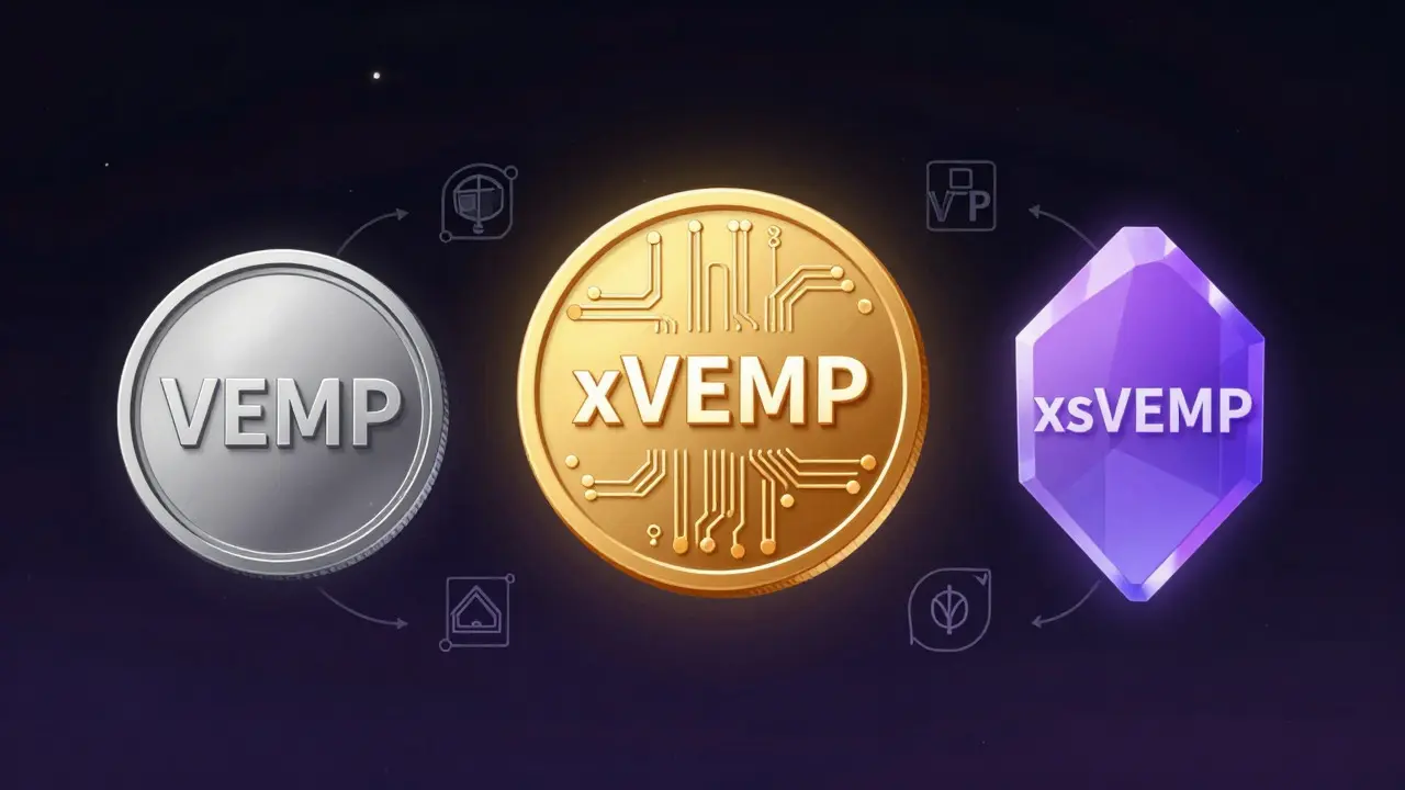 Hologramas de tokens VEMP, xVEMP y xsVEMP flotando