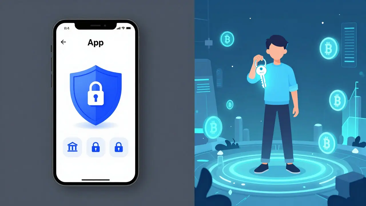 Ilustración anime comparando restricciones de App centralizada vs libertad de Wallet descentralizada