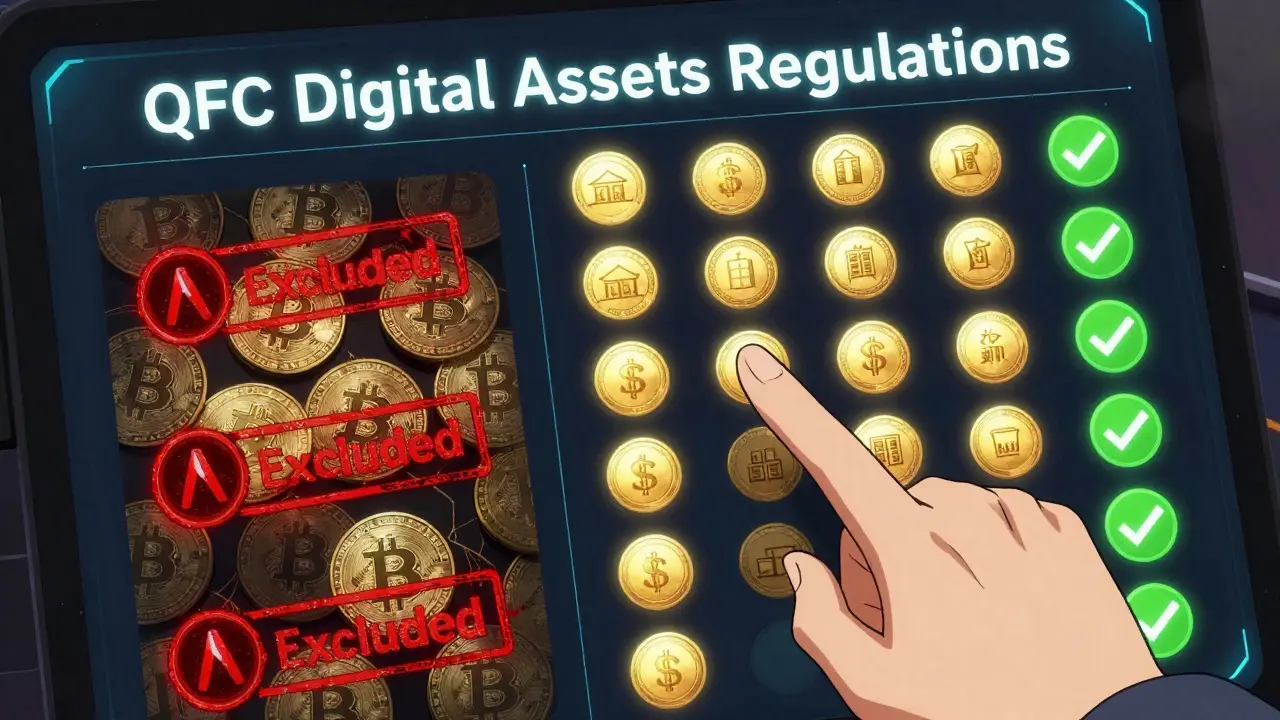 Interfaz digital mostrando tokens de activos reales aprobados vs criptos excluidas