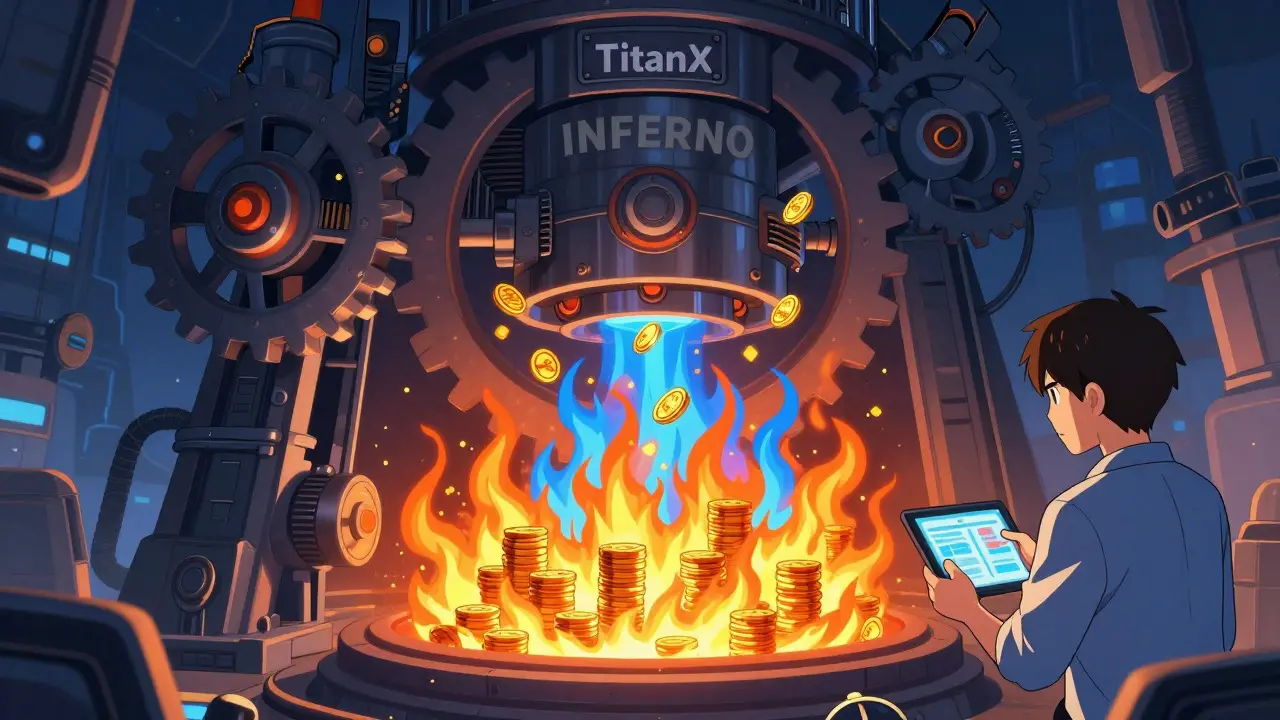 Mecanismo de quema de tokens INF estilo anime industrial