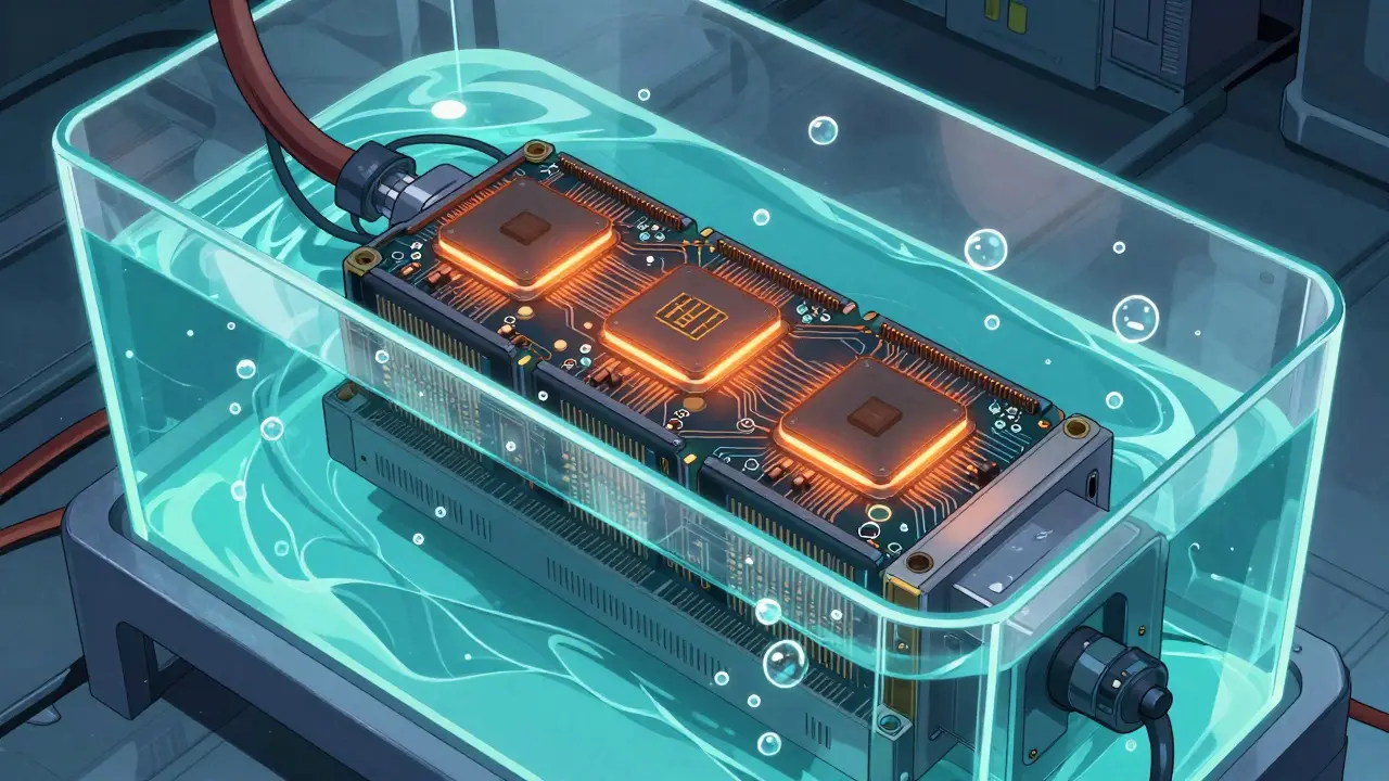 Minero ASIC enfriado por líquido con burbujas y luces azules en estilo manga