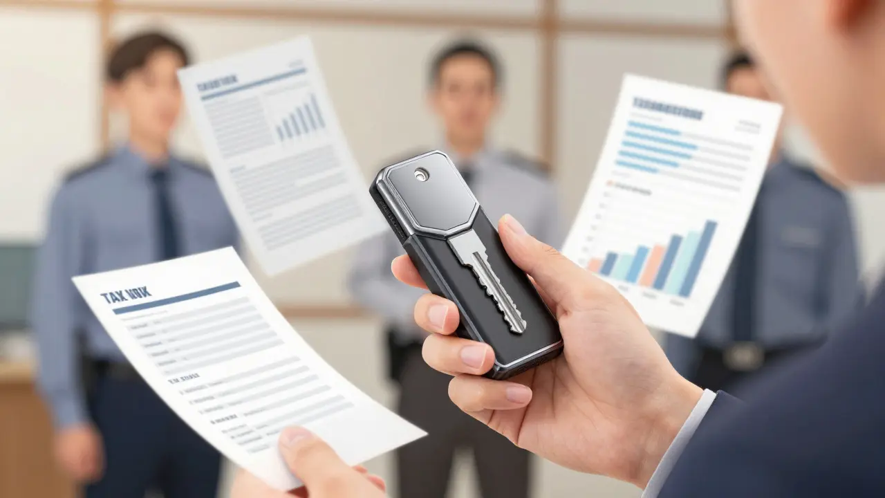 Persona sosteniendo una billetera de hardware con documentos de cumplimiento tributario flotantes