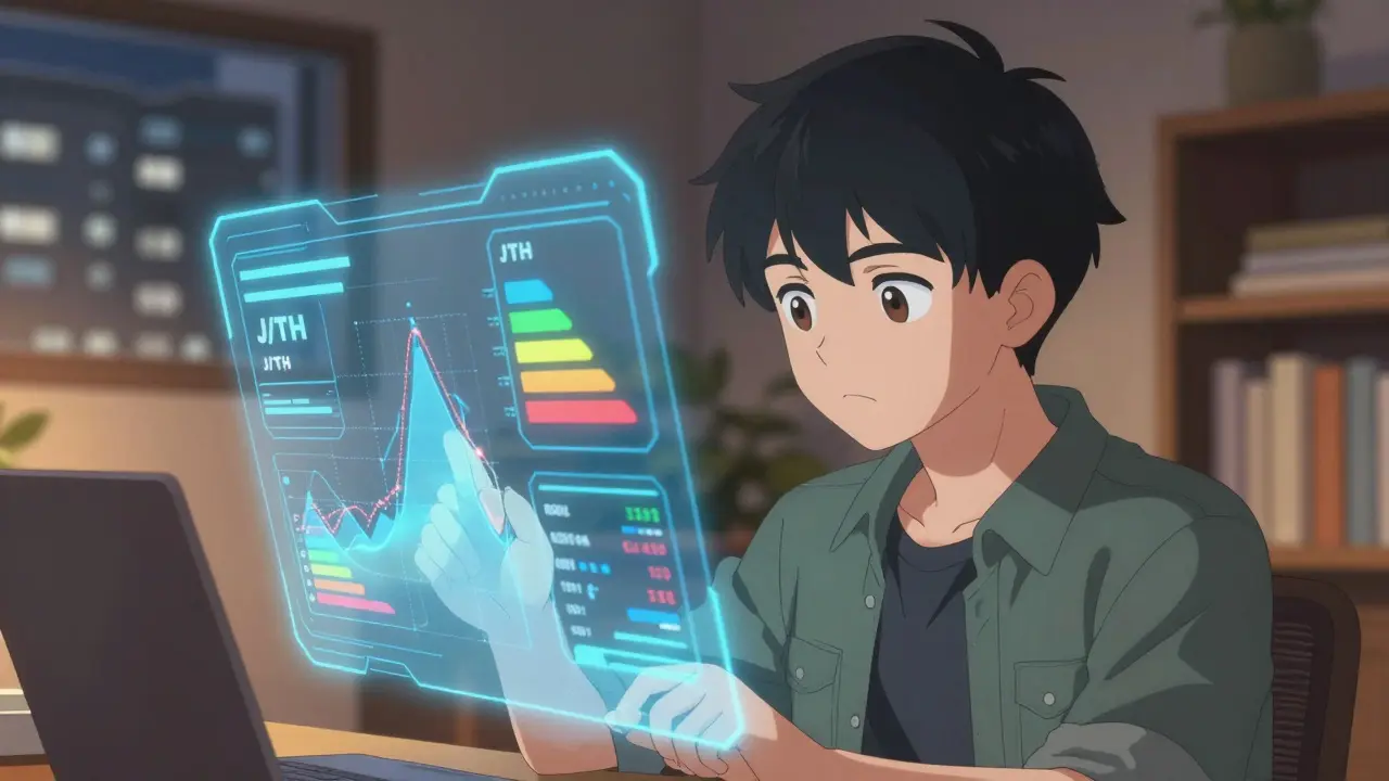Personaje anime analizando gráficos de rentabilidad de minería en holograma