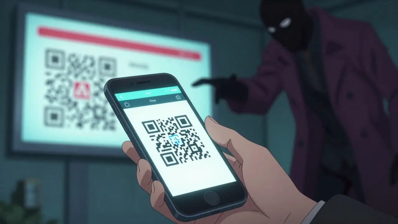 Personaje anime escaneando QR sospechoso mientras una sombra acecha