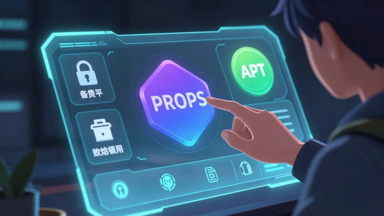 Personaje anime interactuando con interfaz holográfica de tokens PROPS y Aptos