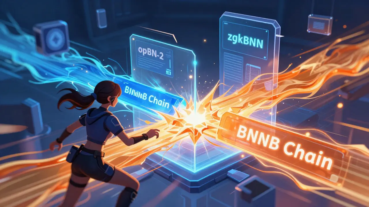 Personaje anime interactuando con la fusión de cadenas blockchain unificadas