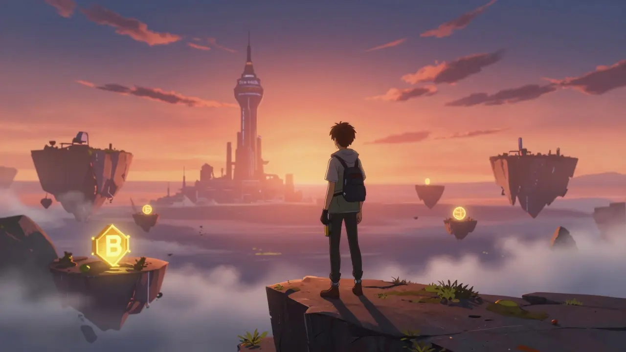 Personaje anime observando paisaje digital futurista al amanecer