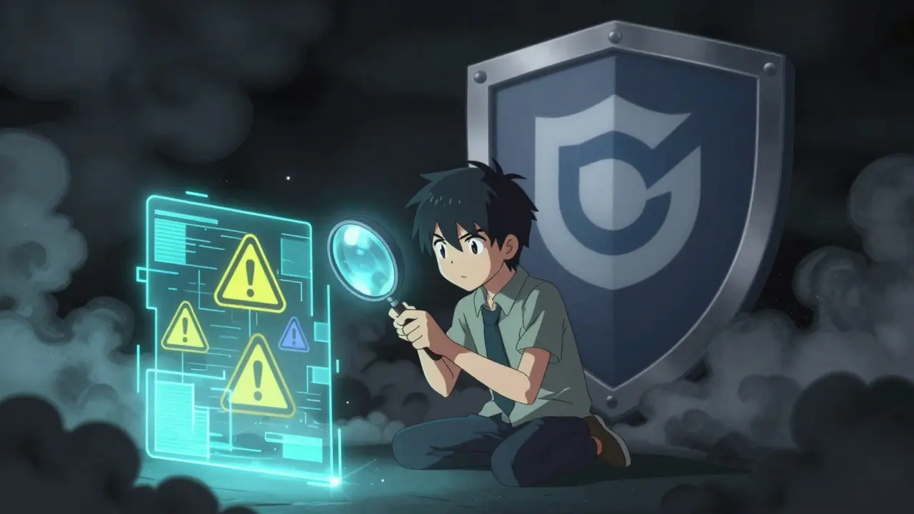 Personaje anime verificando un portal digital con una lupa contra estafas
