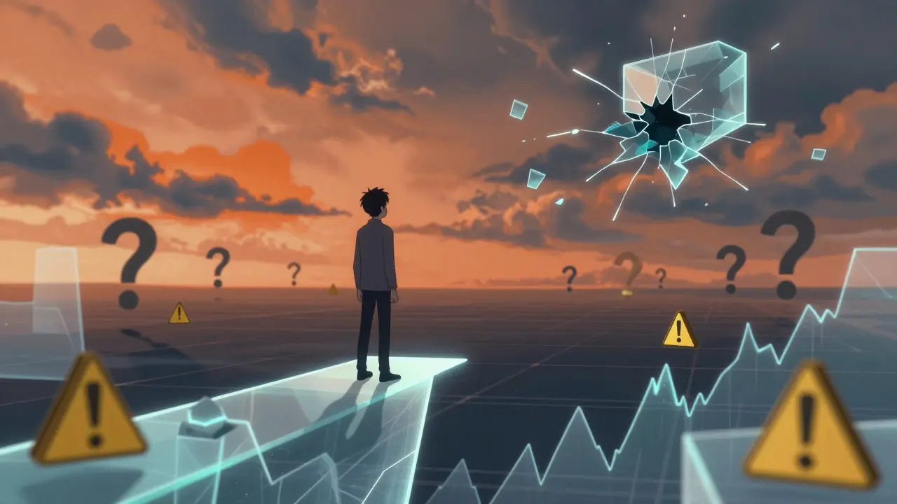 Personaje en plataforma inestable bajo cielo dramático simbolizando riesgo de mercado