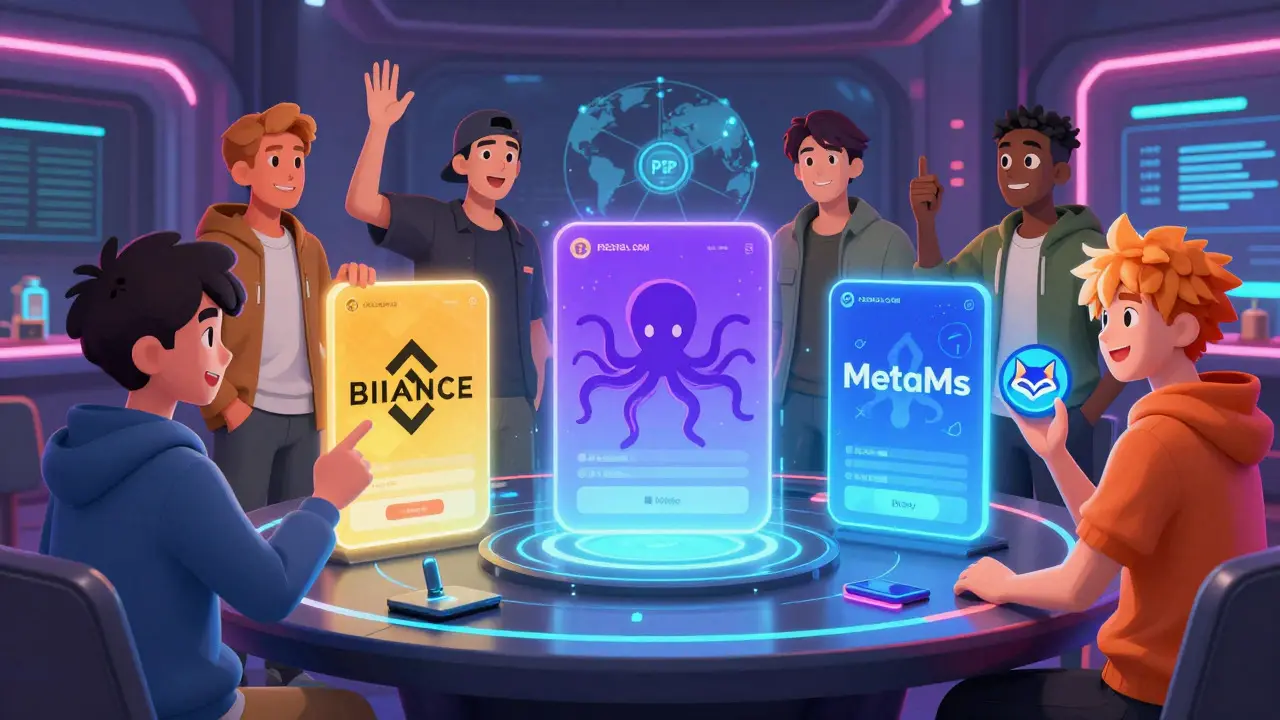 Personajes anime explorando alternativas como Binance y Kraken en entorno tecnológico