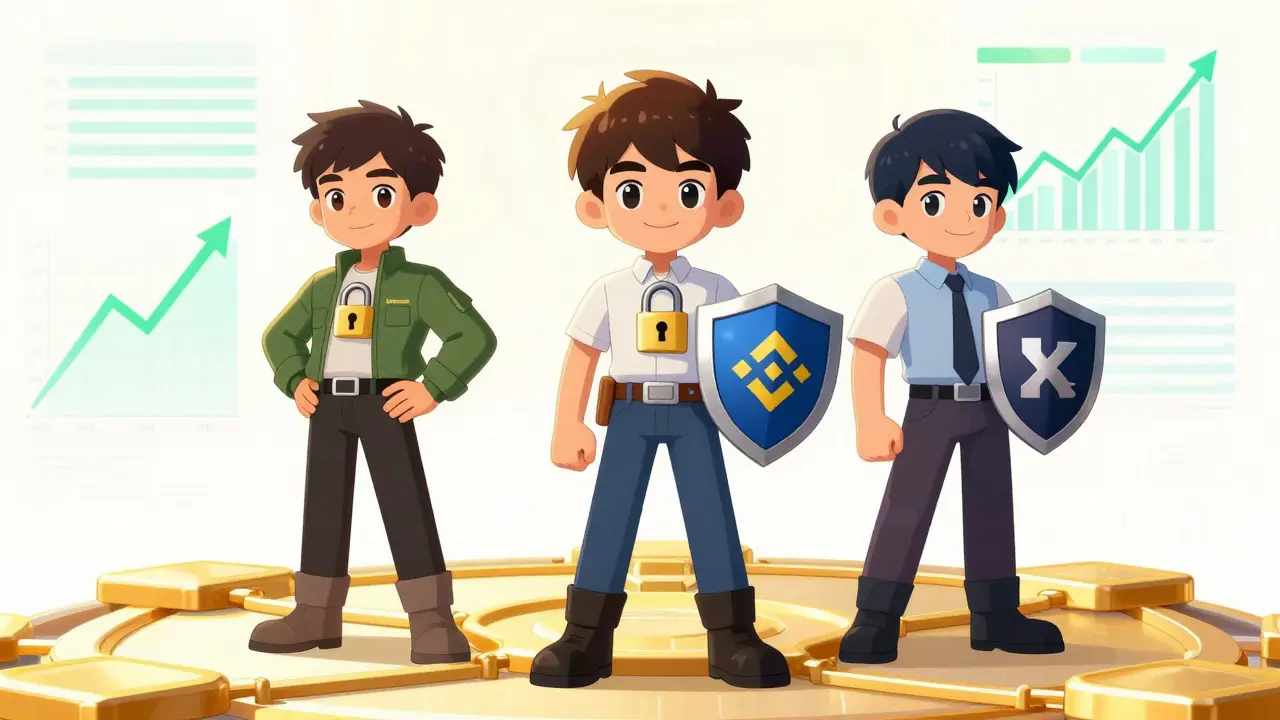 Personajes heroicos que simbolizan exchanges seguros y regulados como alternativas