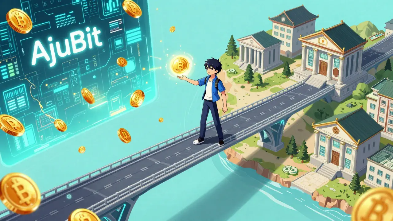 Puente futurista conectando el mundo cripto con bancos tradicionales en estilo anime