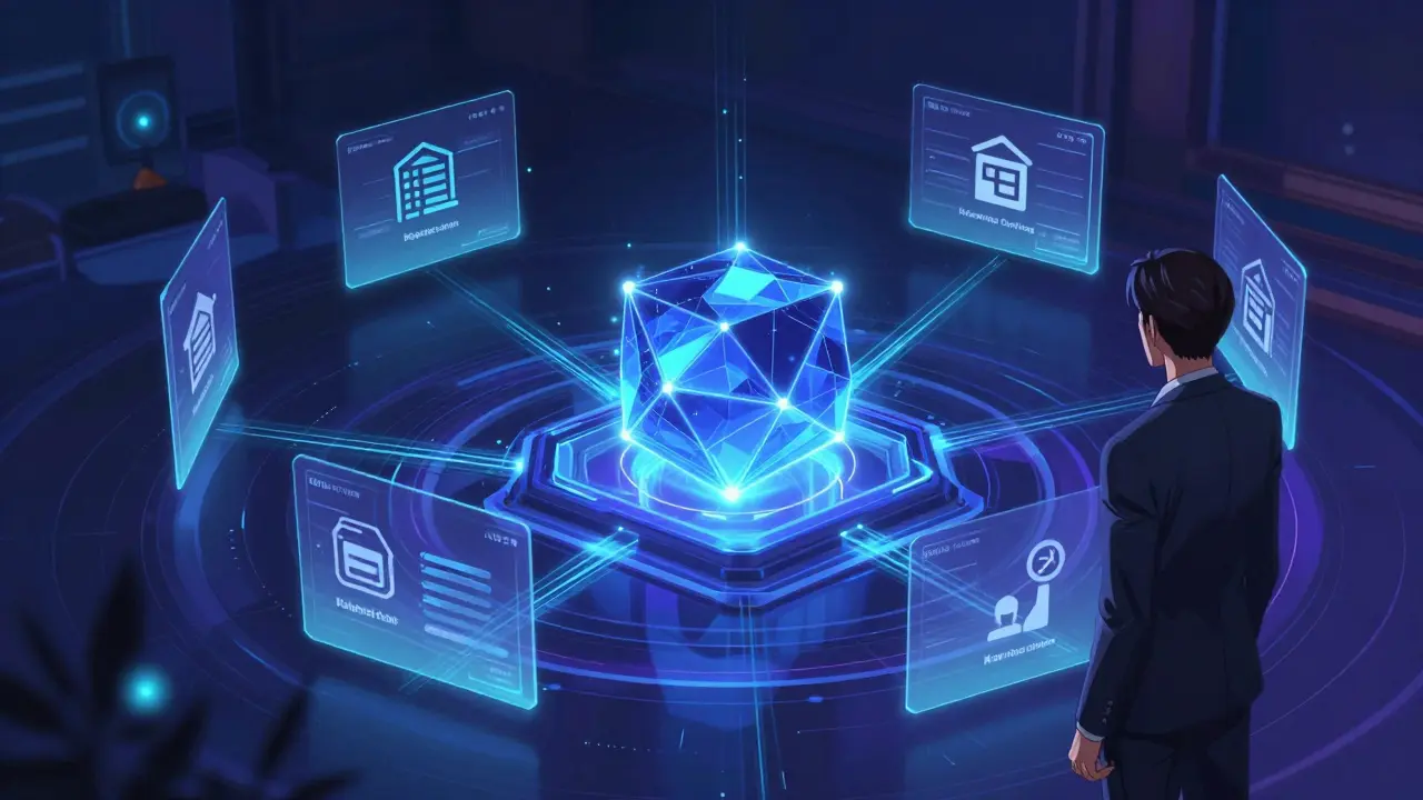 Red blockchain conectada con iconos de servicios inmobiliarios y tecnología segura