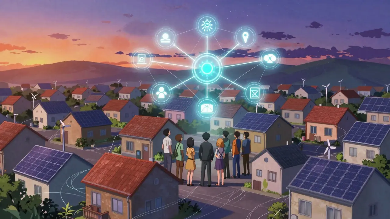 Red comunitaria de energía descentralizada en un barrio futurista