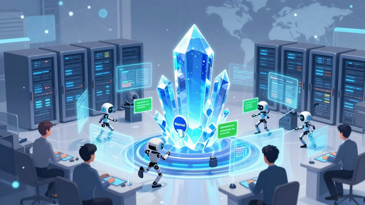 Tecnología híbrida BFT futurista en estilo anime cel-shaded
