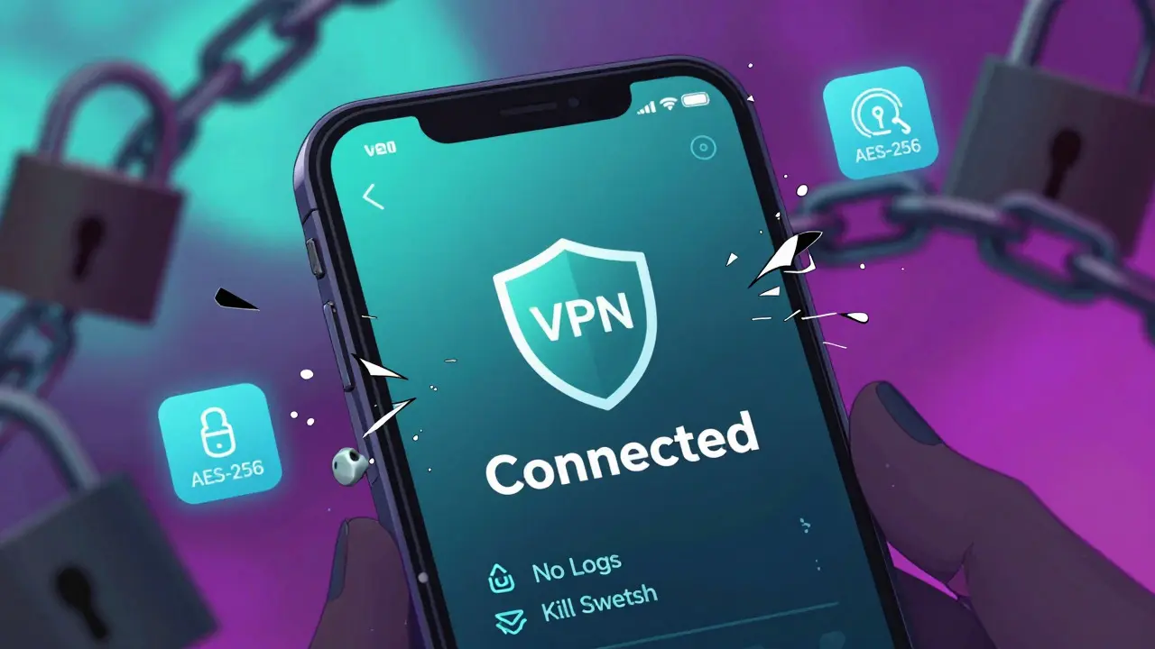 Teléfono móvil mostrando conexión segura de VPN y cifrado