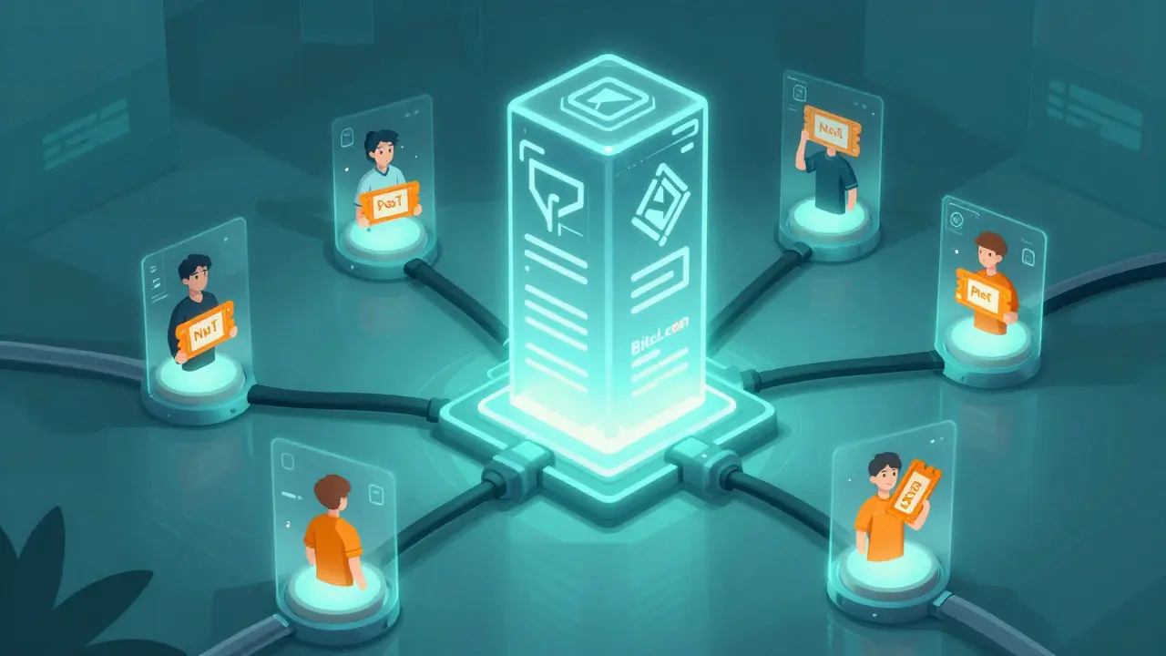Torre corporativa centralizada conectada a tokens de fans en estilo anime