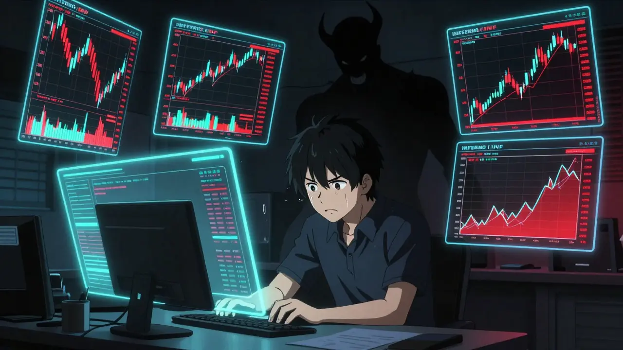 Trader de anime estresado ante gráficos volátiles de criptomonedas