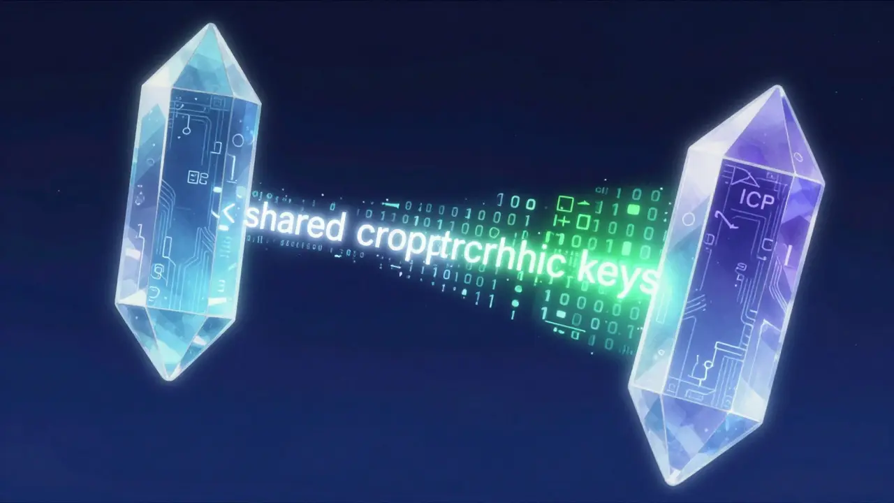 Abstract anime art of two crystals connected by a light beam representing cryptographic verification