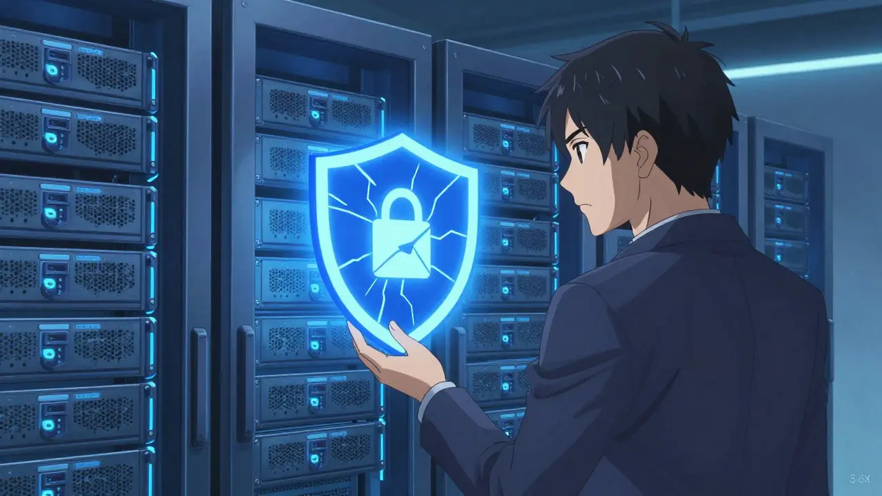 Analista de anime inspeccionando servidores con escudos agrietados por seguridad dudosa