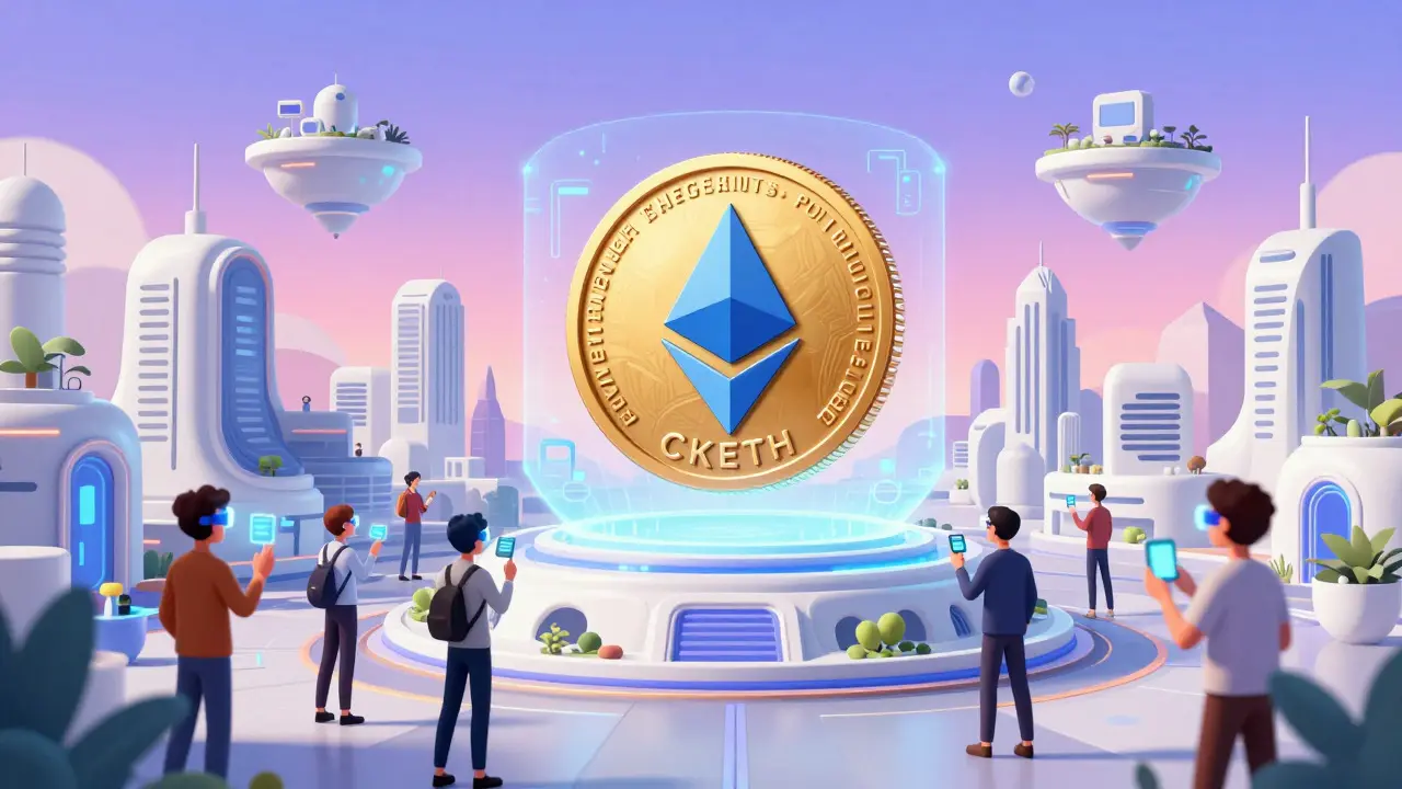 Anime cityscape featuring CKETH and Ethereum integration with people using augmented reality interfaces
