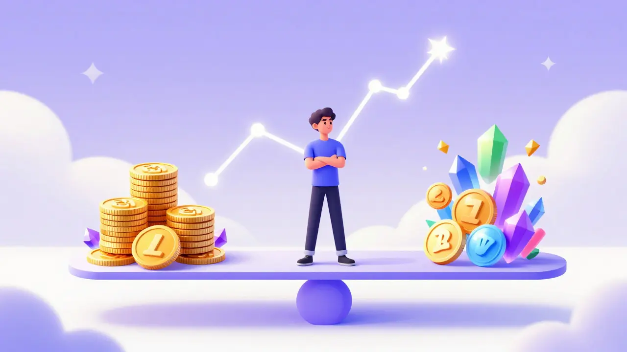 Balanza de luz equilibrando monedas doradas y gemas líquidas contra nuevos tokens