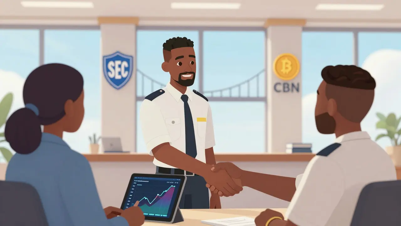 Bancario nigeriano estrechando la mano con un cliente de criptoactivos en un banco moderno