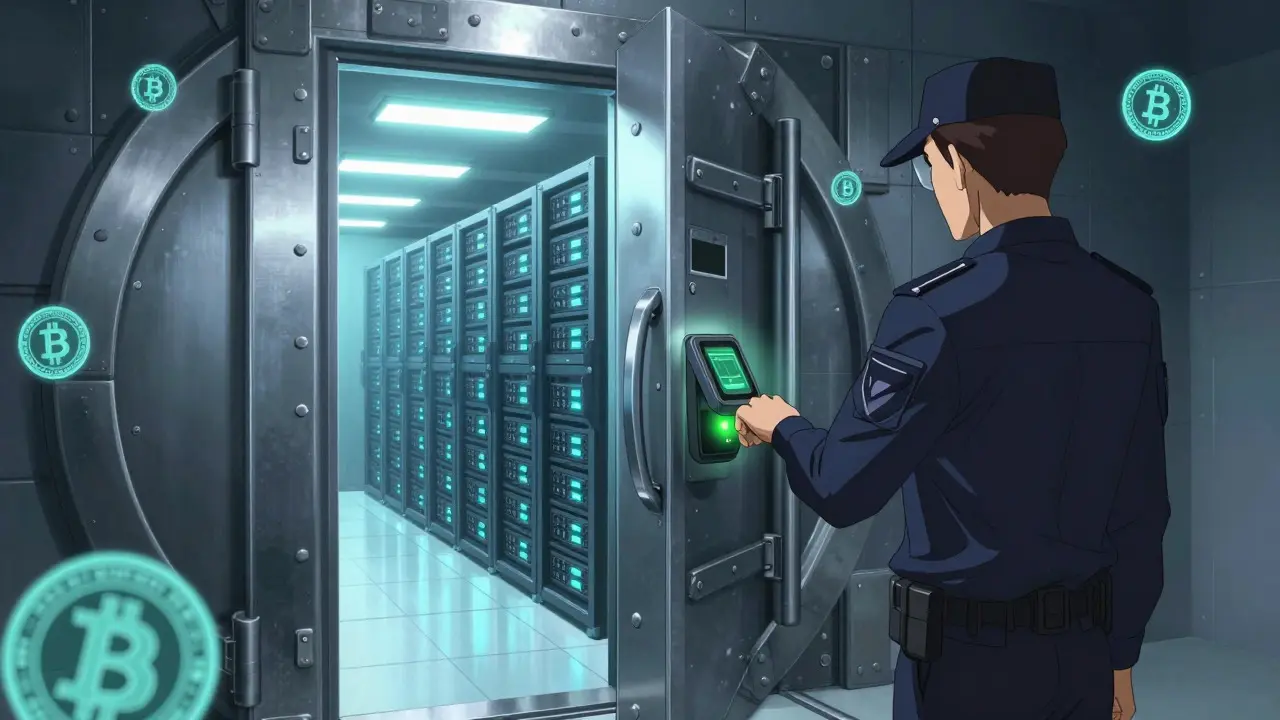 Bóveda de seguridad digital con escaneo biométrico y servidores brillantes
