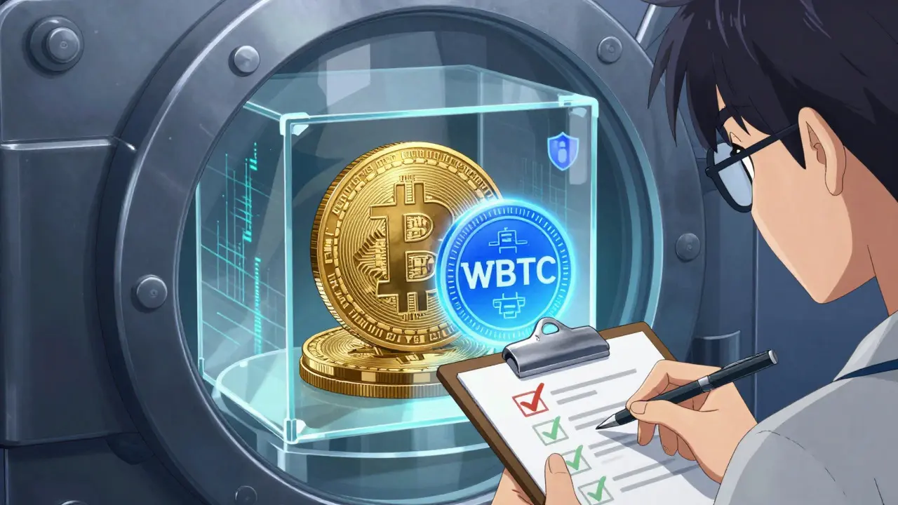 Cofre seguro con Bitcoin físico y token WBTC digital verificado