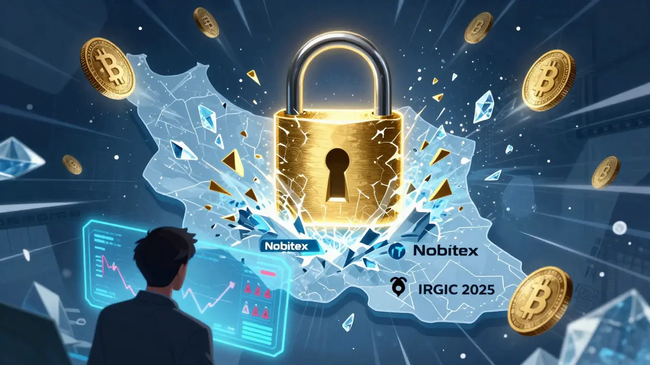 Congelamiento de criptoactivos iraníes representado con candado digital