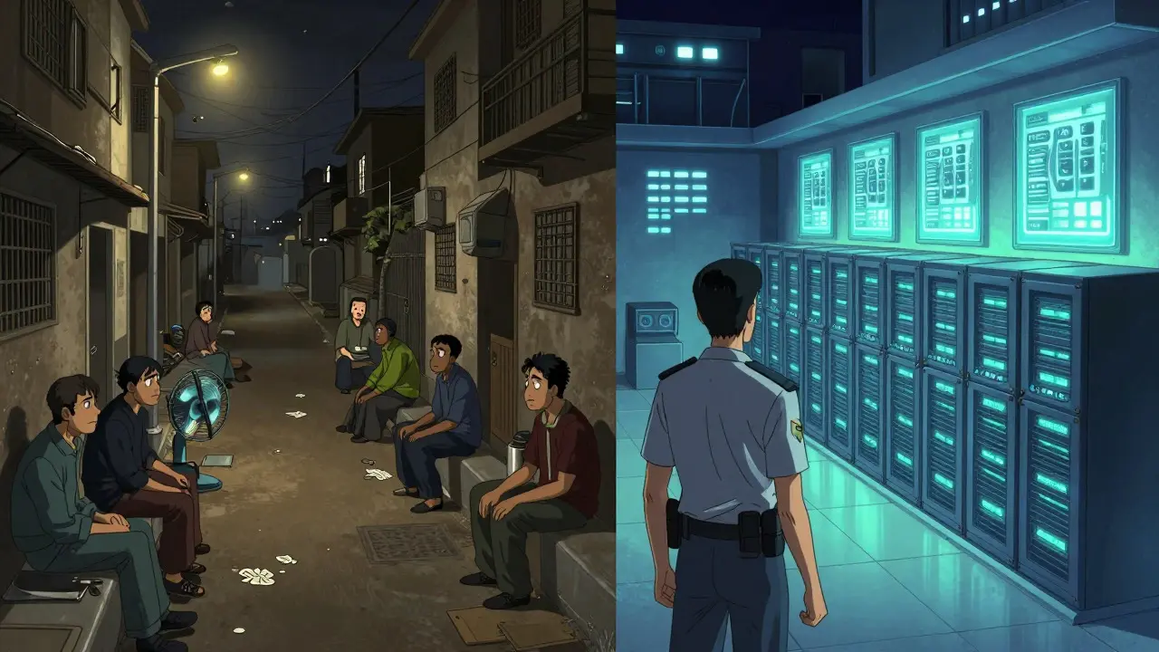 Contraste entre apagones urbanos y granjas mineras estatales en anime