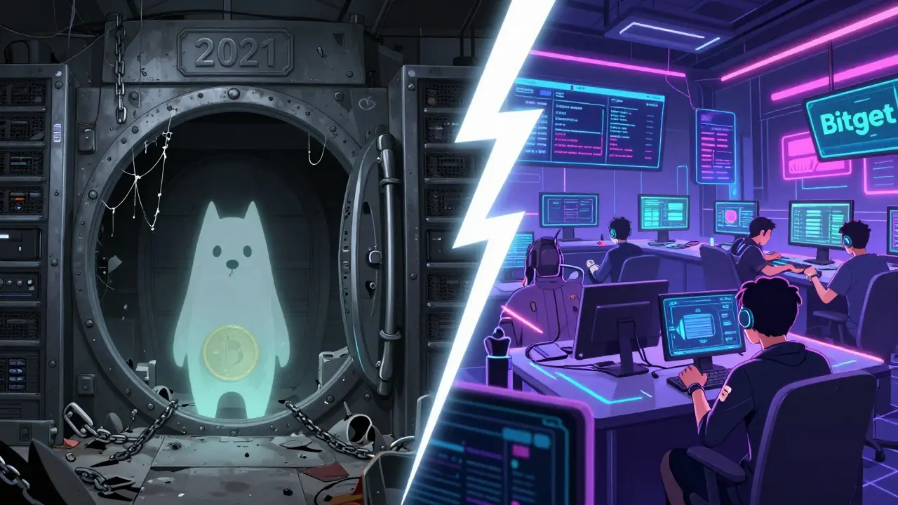 Estilo anime comparando token abandonado con exchange activo y vibrante