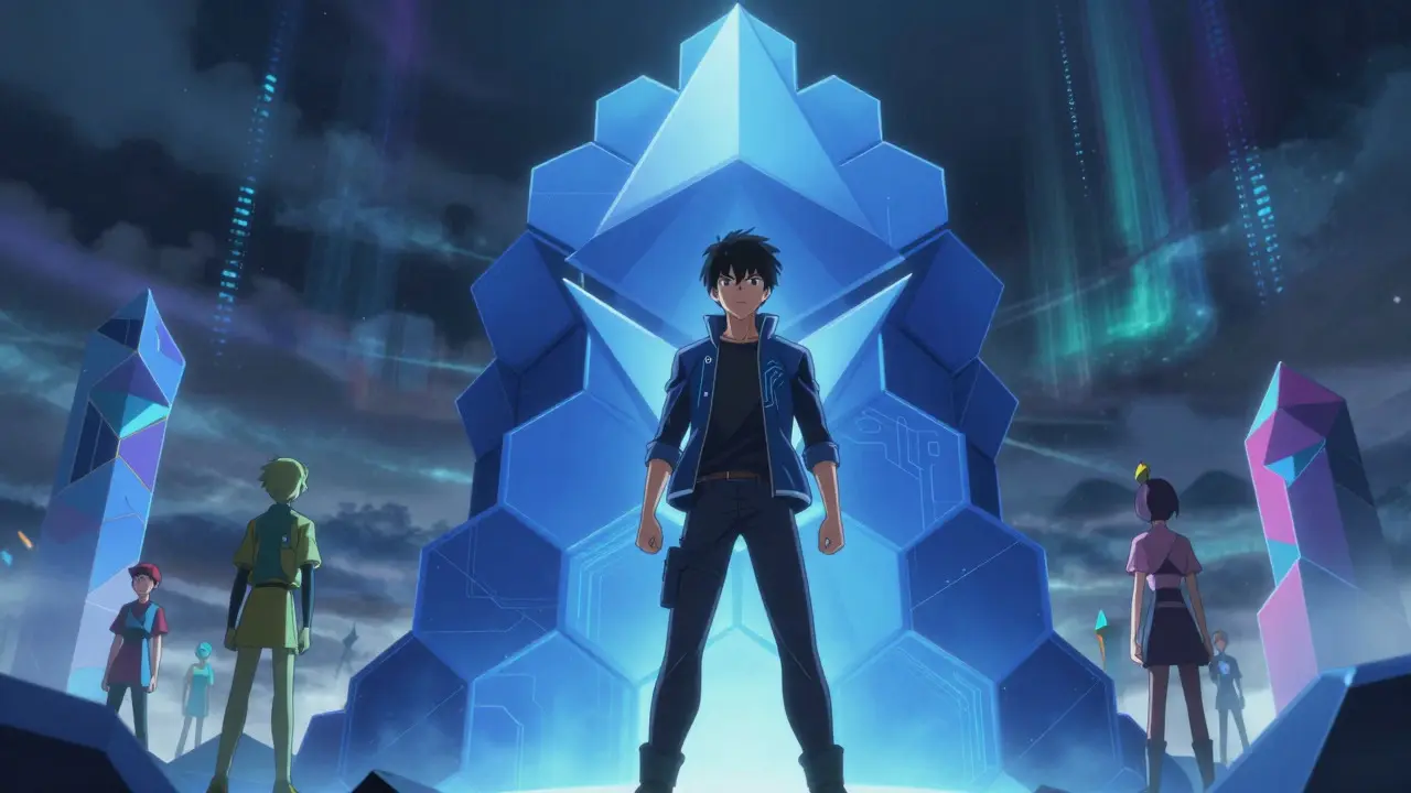 Figura central frente a una estructura hexagonal azul que simboliza la dominación de Ethereum